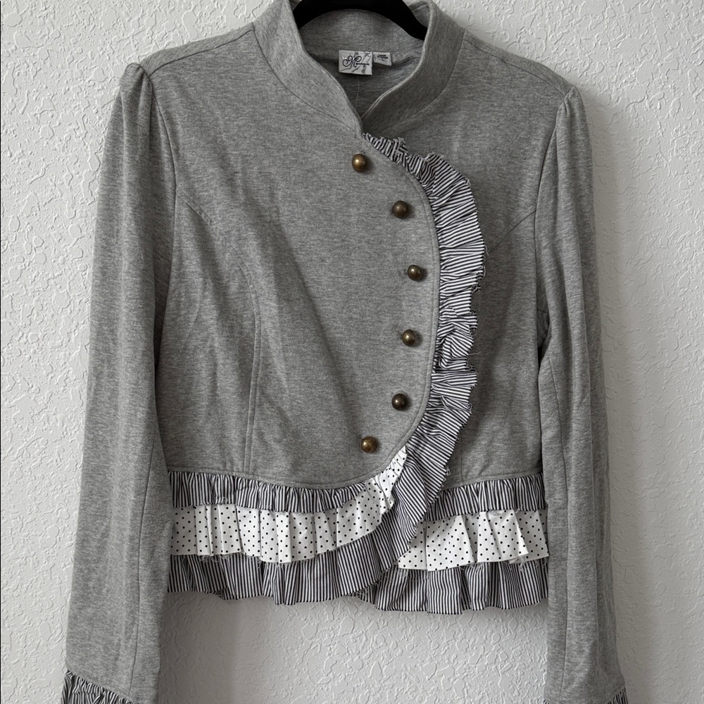 Gray Ruffled Blazer with Striped Accents